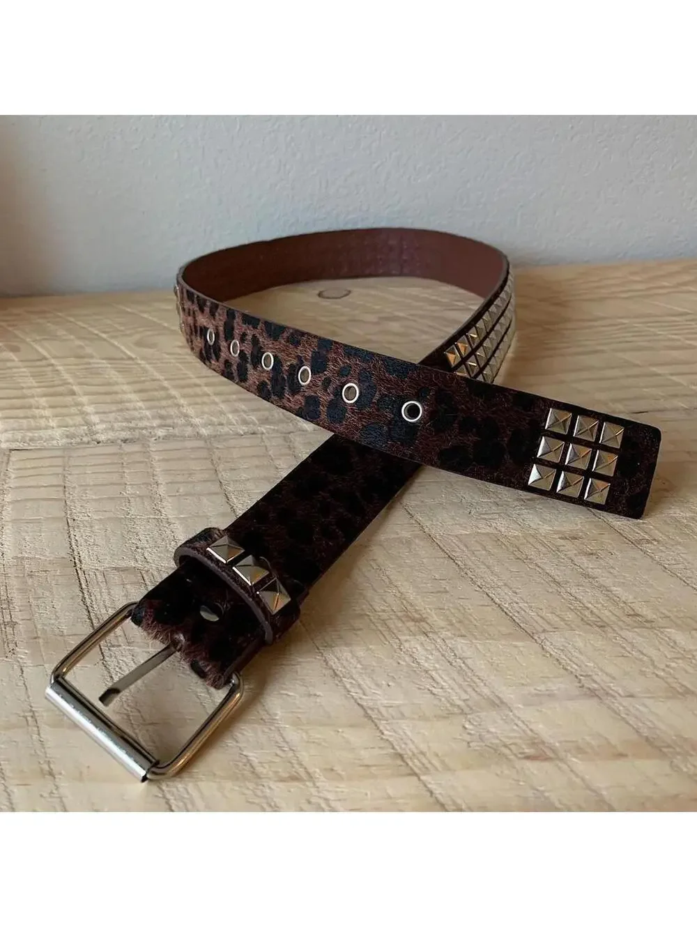 Y2k cyber 2000s style cheetah brown fur studded silver belt. 42 inches
